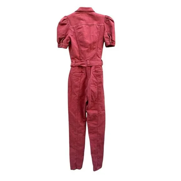 Retrofete Tori Puff Sleeve Denim One Piece Jumpsuit In‎ Rose Pink, Size XS